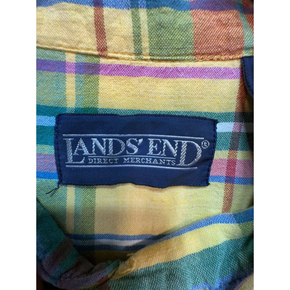 Lands' End Mens Plaid Short Sleeve Shirt Size L Tall Yellow Blue - Picture 2 of 13